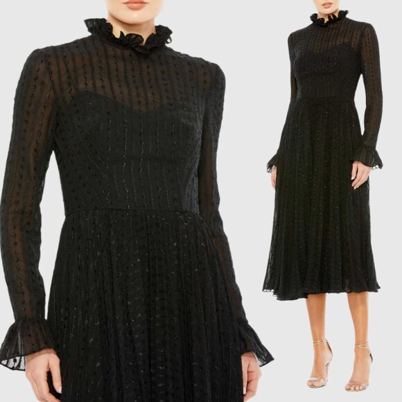 Mac Duggal 49627 Size 16 Black High‎ Neck Long Sleeve Ruffle Midi Tea Dress - Picture 2 of 13